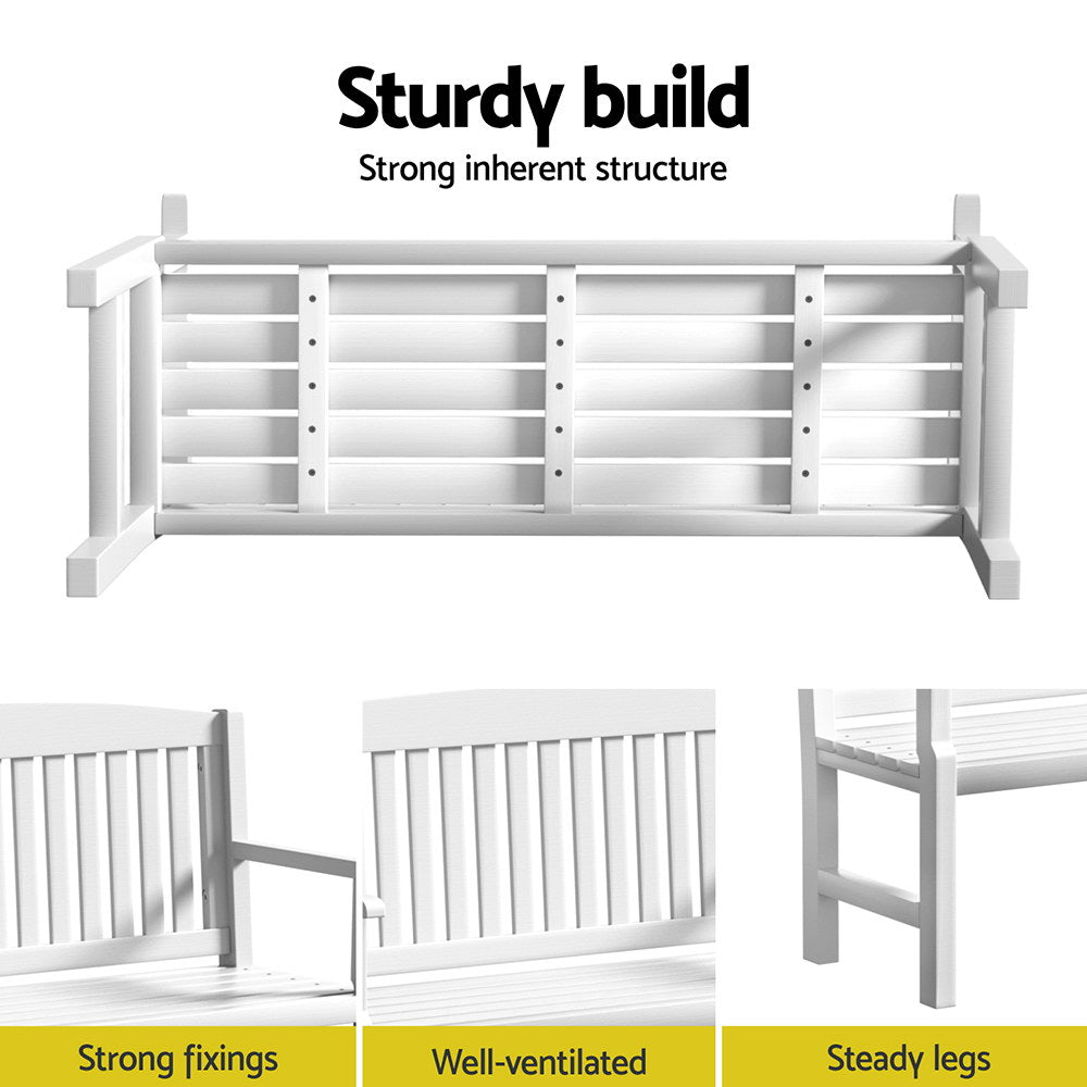 Outdoor Garden Bench Wooden 2 Seater Lounge Chair Patio Furniture White showing sturdy build, strong fixings, well-ventilated slats, and steady legs