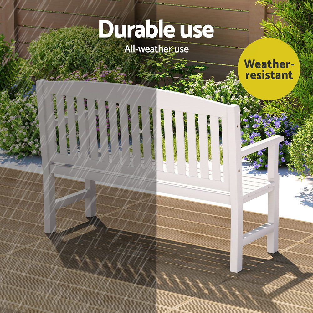 Outdoor Garden Bench Wooden 2 Seater Lounge Chair Patio Furniture White shown outdoors with weather-resistant durability demonstration