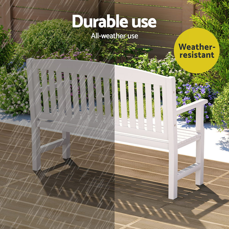 Outdoor Garden Bench Wooden 2 Seater Lounge Chair Patio Furniture White shown outdoors with weather-resistant durability demonstration