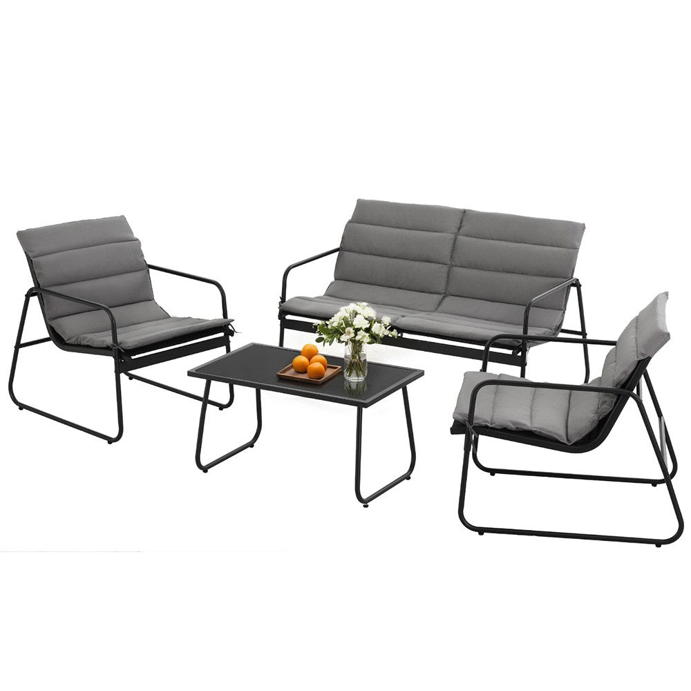 4-Piece Outdoor Lounge Set – Black Steel Frame with Glass Table
