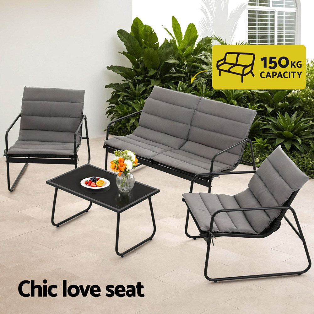 4-Piece Outdoor Lounge Set – Black Steel Frame with Glass Table