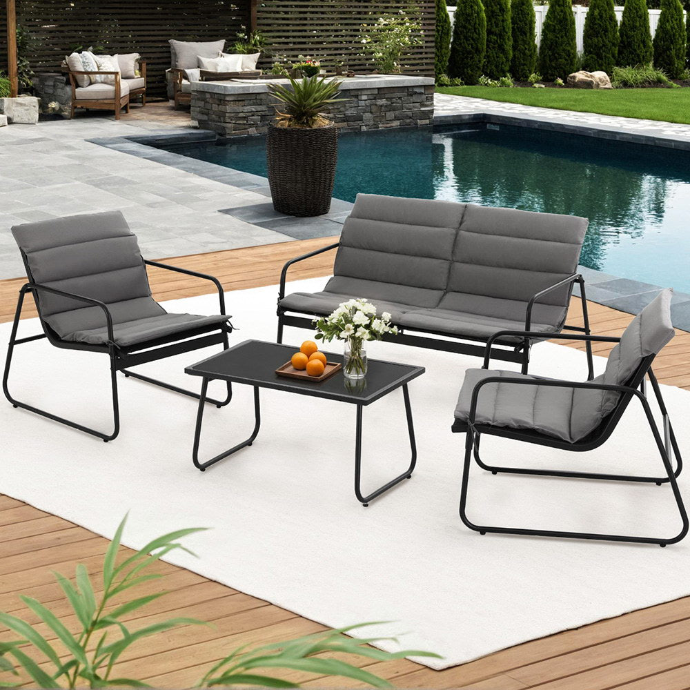 4-Piece Outdoor Lounge Set – Black Steel Frame with Glass Table
