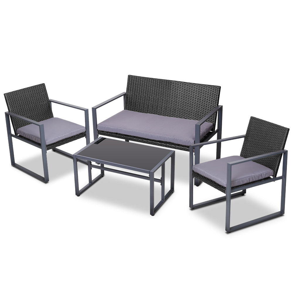 4 PCS Outdoor Sofa Set Rattan Furniture Glass Top Table Chairs Black with gray cushions and metal frames on white background