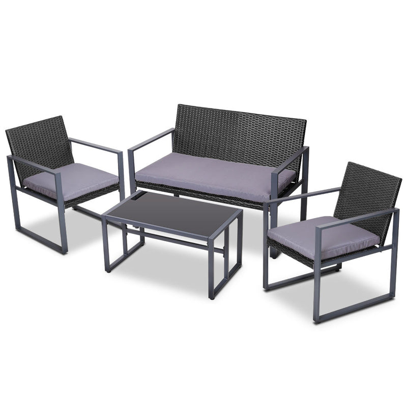 4 PCS Outdoor Sofa Set Rattan Furniture Glass Top Table Chairs Black with gray cushions and metal frames on white background