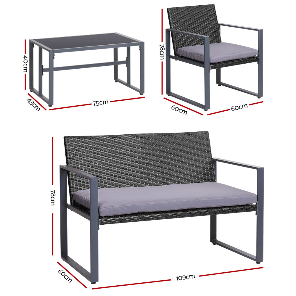 4 PCS Outdoor Sofa Set Rattan Furniture Glass Top Table Chairs Black with gray cushions and metal frames shown with dimensions
