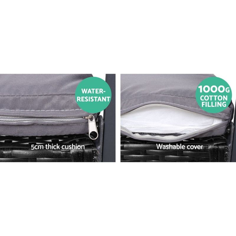 4 PCS Outdoor Sofa Set Rattan Furniture Glass Top Table Chairs Black showing zipper cushions with washable covers and 5cm thick padding