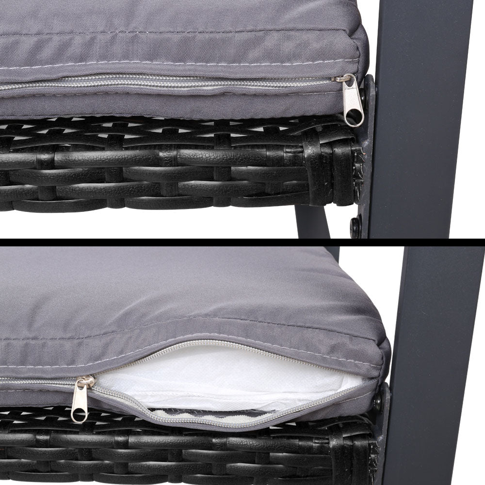 Close-up of gray cushion with zipper on 4 PCS Outdoor Sofa Set Rattan Furniture Glass Top Table Chairs Black frame