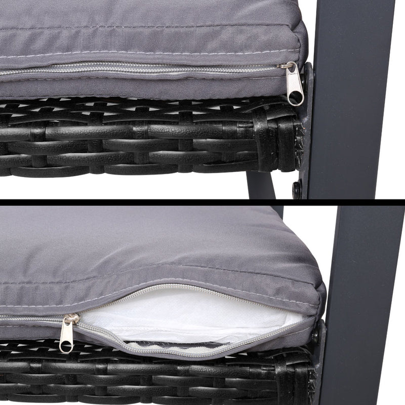Close-up of gray cushion with zipper on 4 PCS Outdoor Sofa Set Rattan Furniture Glass Top Table Chairs Black frame