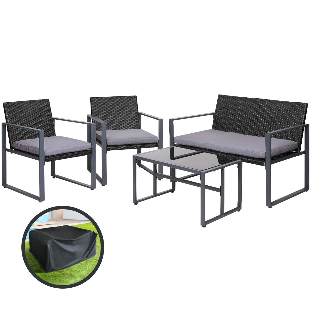 4 PCS Outdoor Sofa Set Rattan Furniture with Storage Cover Chairs Black-7