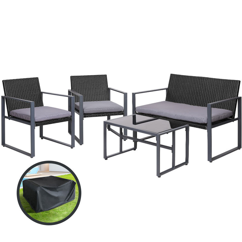 4 PCS Outdoor Sofa Set Rattan Furniture with Storage Cover Chairs Black-7