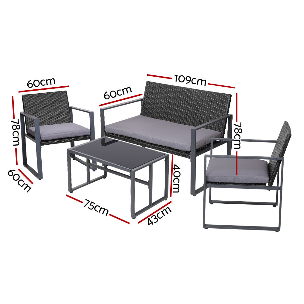 4 PCS Outdoor Sofa Set Rattan Furniture with Storage Cover Chairs Black-2