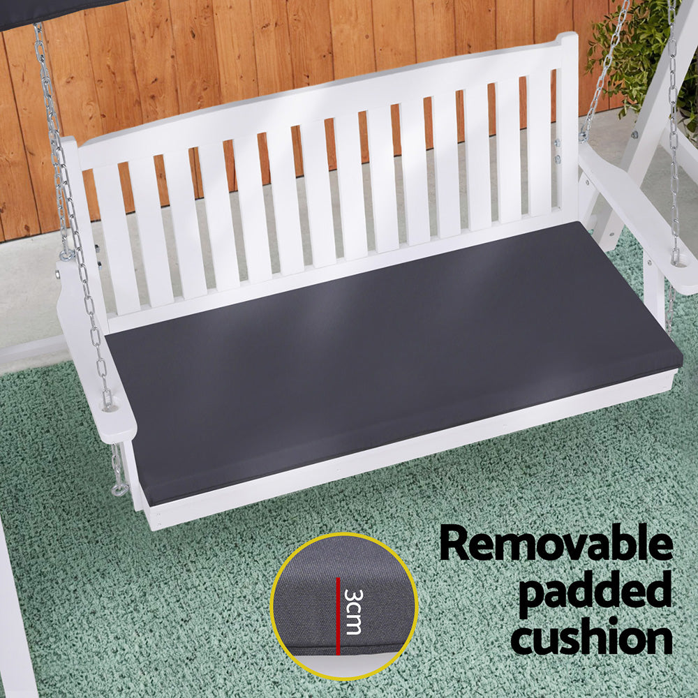 Outdoor Wooden Swing Chair Garden Bench Canopy Cushion 3 Seater White