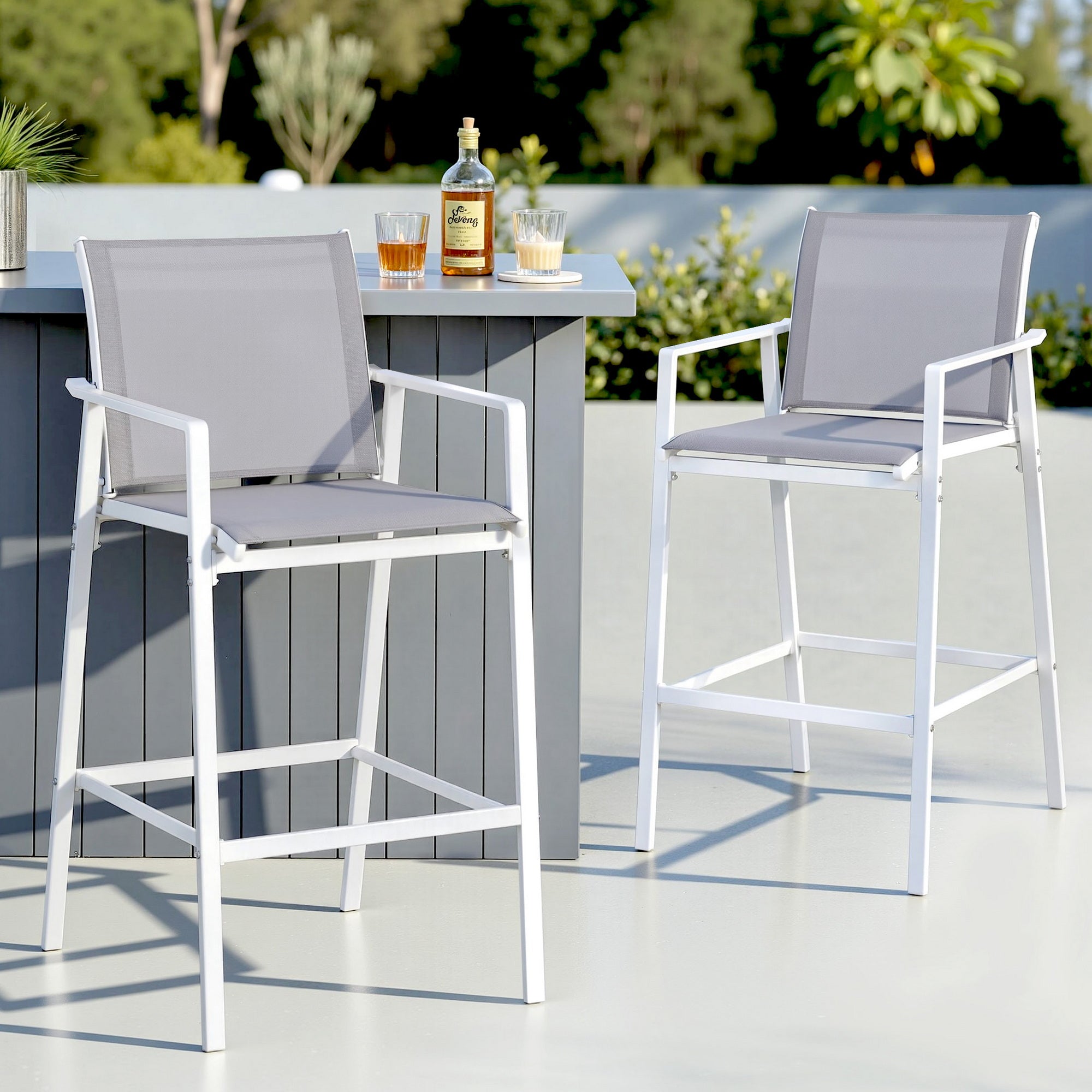 2PC Outdoor Bar Stools Dining Chairs Patio Furniture Garden Steel Textilene White