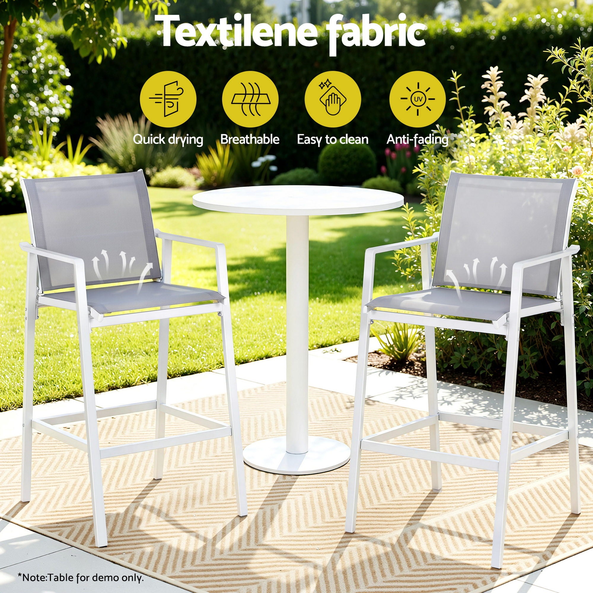 2PC Outdoor Steel Bar Stools with Textilene Seats for Patio and Garden - White