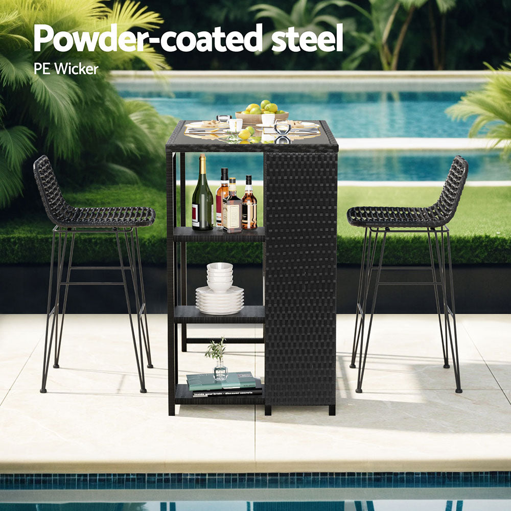 Outdoor Bar Set – Wicker Table & 2 Bar Stools, Black, Weather-Resistant