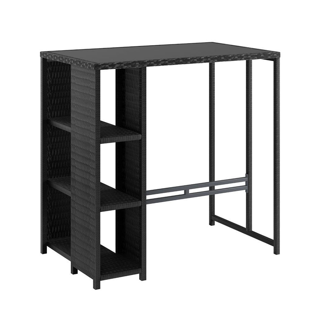 Outdoor Wicker Bar Table – Tempered Glass Top, Black, 3 Shelves