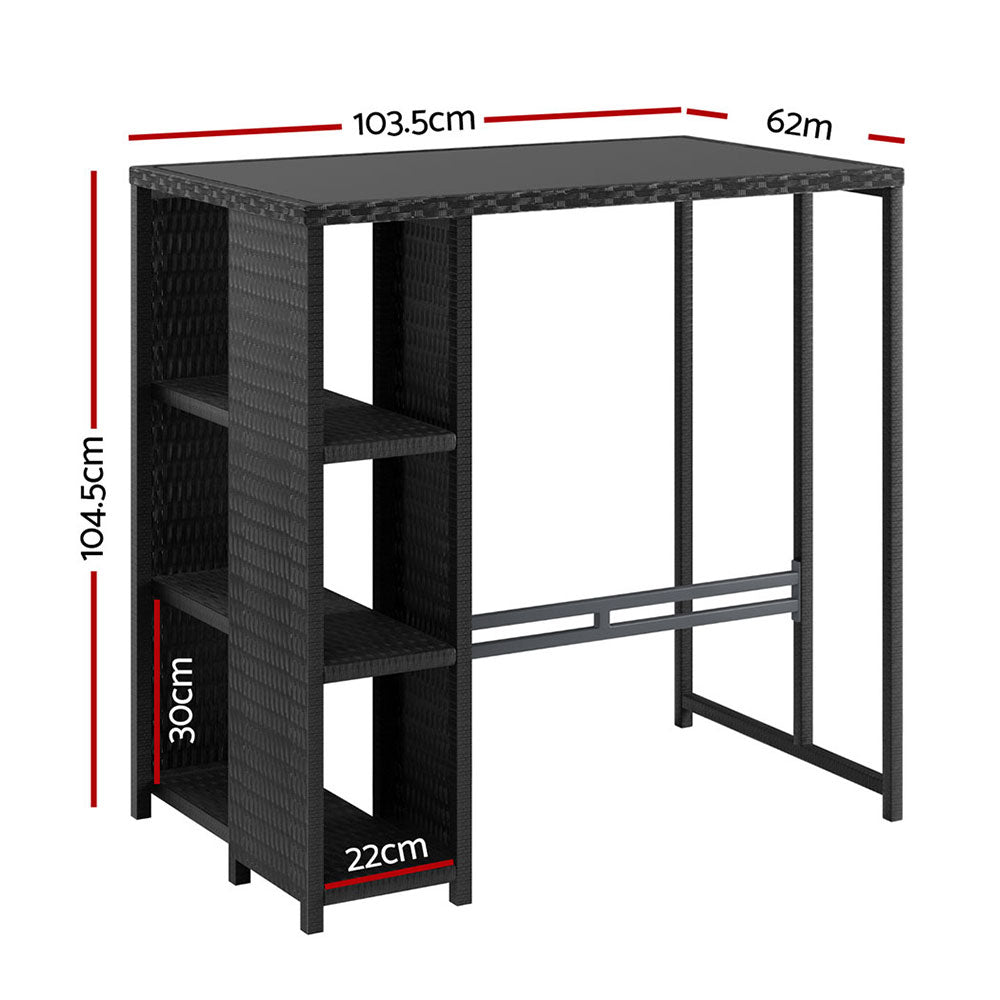 Outdoor Wicker Bar Table – Tempered Glass Top, Black, 3 Shelves