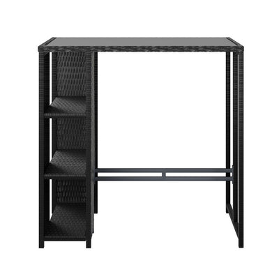 Outdoor Wicker Bar Table – Tempered Glass Top, Black, 3 Shelves