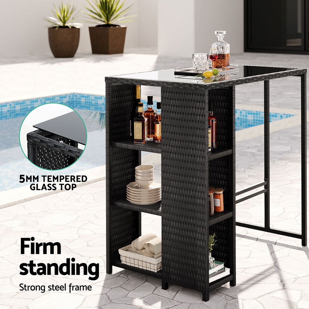 Outdoor Wicker Bar Table – Tempered Glass Top, Black, 3 Shelves
