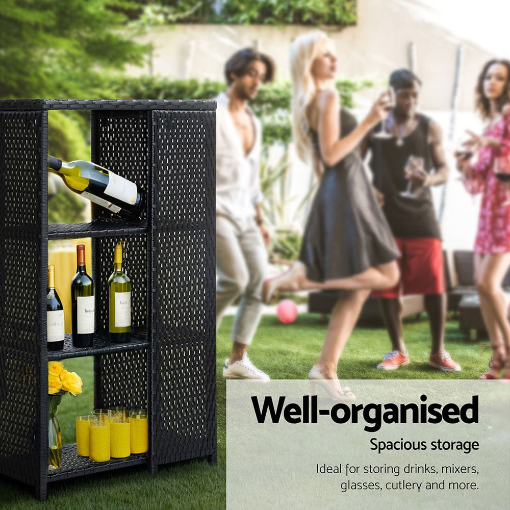 Outdoor Wicker Bar Table – Tempered Glass Top, Black, 3 Shelves
