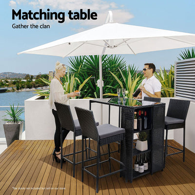 Outdoor Wicker Bar Table – Tempered Glass Top, Black, 3 Shelves
