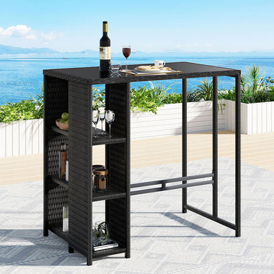 Outdoor Wicker Bar Table – Tempered Glass Top, Black, 3 Shelves