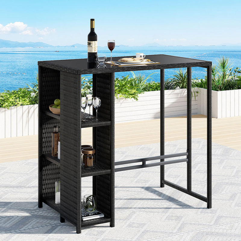 Outdoor Wicker Bar Table – Tempered Glass Top, Black, 3 Shelves-1