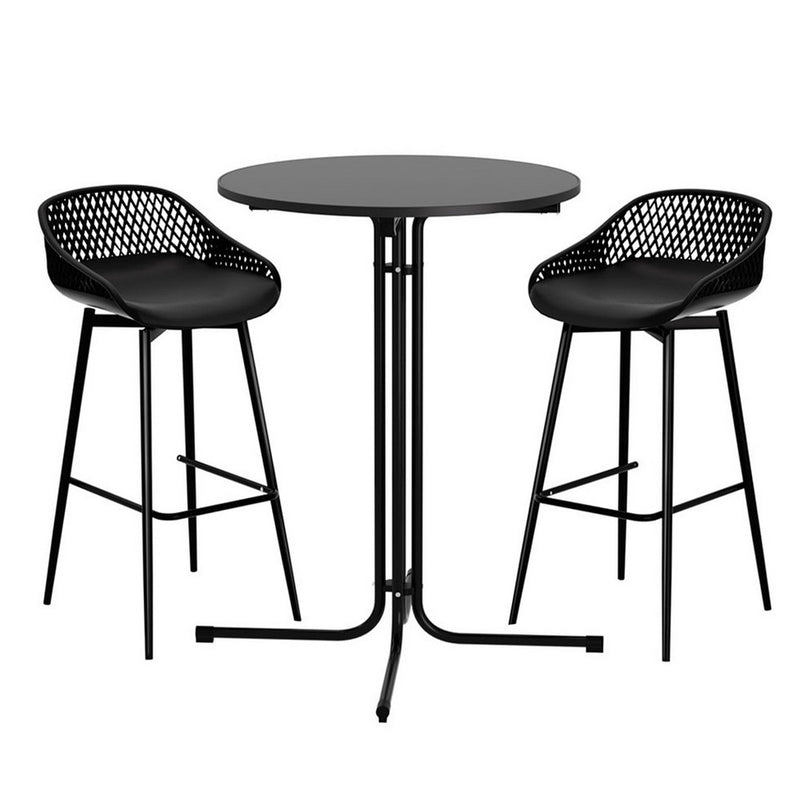 3PC Outdoor Bar Set Stools Dining Chairs Table Patio Furniture Bistro Set Black with metal frame and mesh design chairs