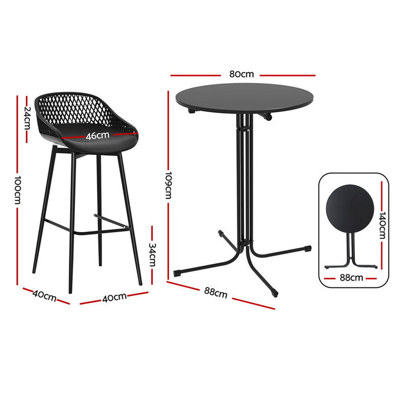 3PC Outdoor Bar Set Stools Dining Chairs Table Patio Furniture Bistro Set Black with metal frame and compact folding table design