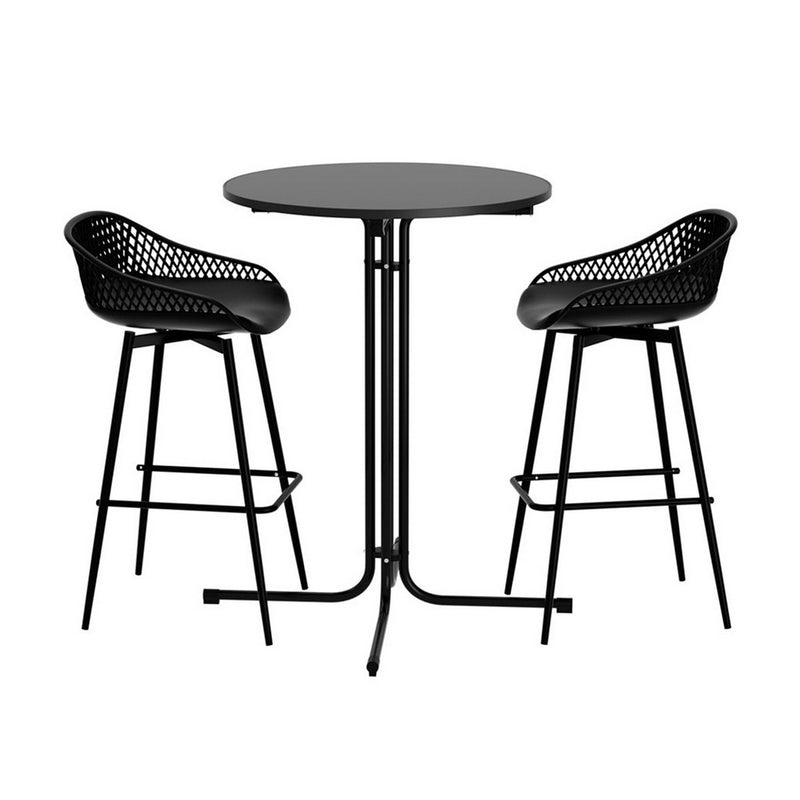 3PC Outdoor Bar Set Stools Dining Chairs Table Patio Furniture Bistro Set Black with mesh back stools and round table