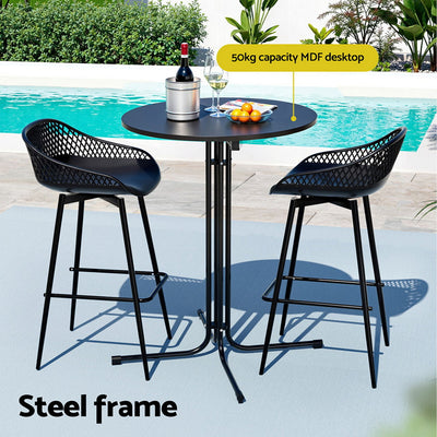 3PC Outdoor Bar Set Stools Dining Chairs Table Patio Furniture Bistro Set Black with steel frame and MDF tabletop by poolside