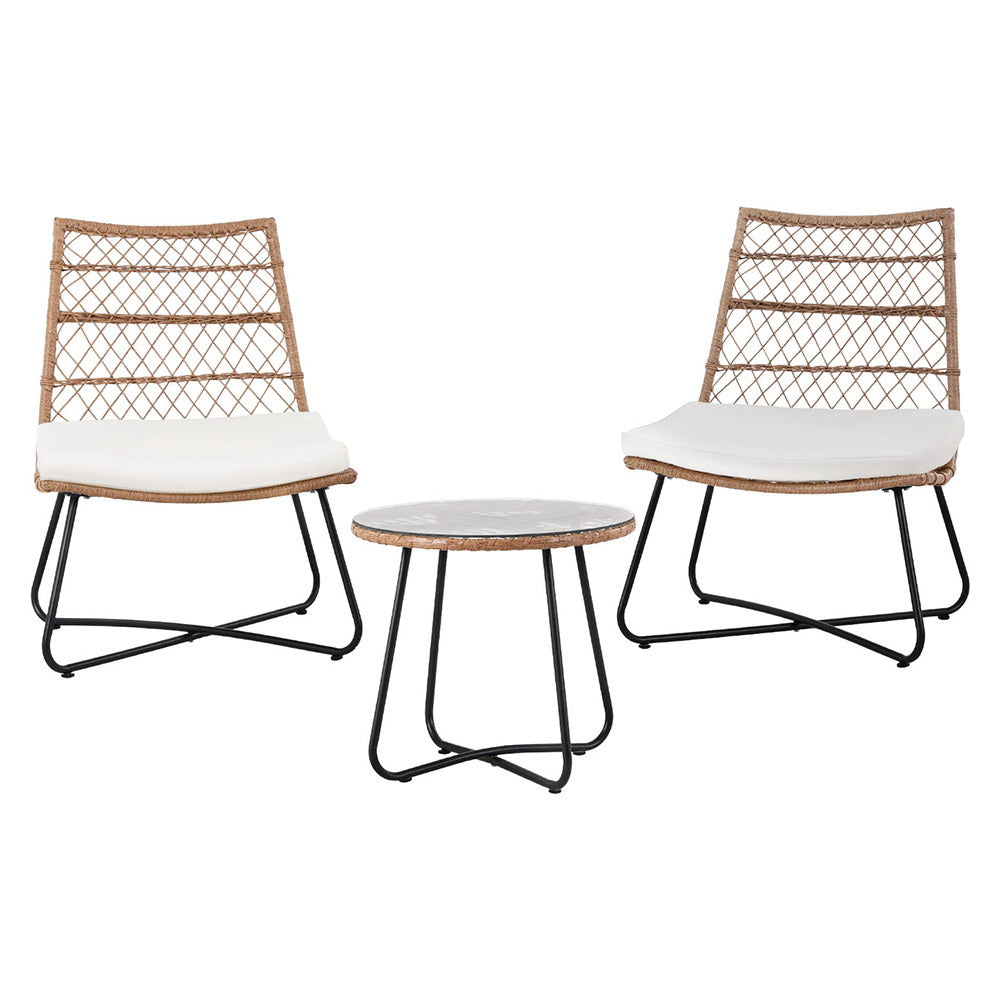 3-Piece Outdoor Wicker Bistro Set – Table & Chairs, Brown Rattan with white cushions and black metal legs on white background