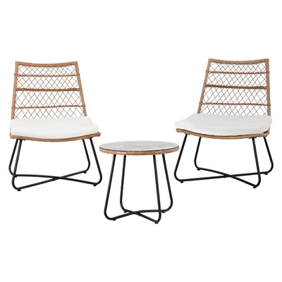 3-Piece Outdoor Wicker Bistro Set – Table & Chairs, Brown Rattan with white cushions and black metal legs on white background