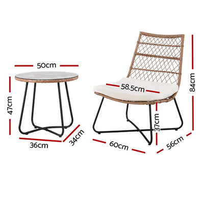 3-Piece Outdoor Wicker Bistro Set – Table & Chairs, Brown Rattan with metal legs and white cushions, shown with dimensions