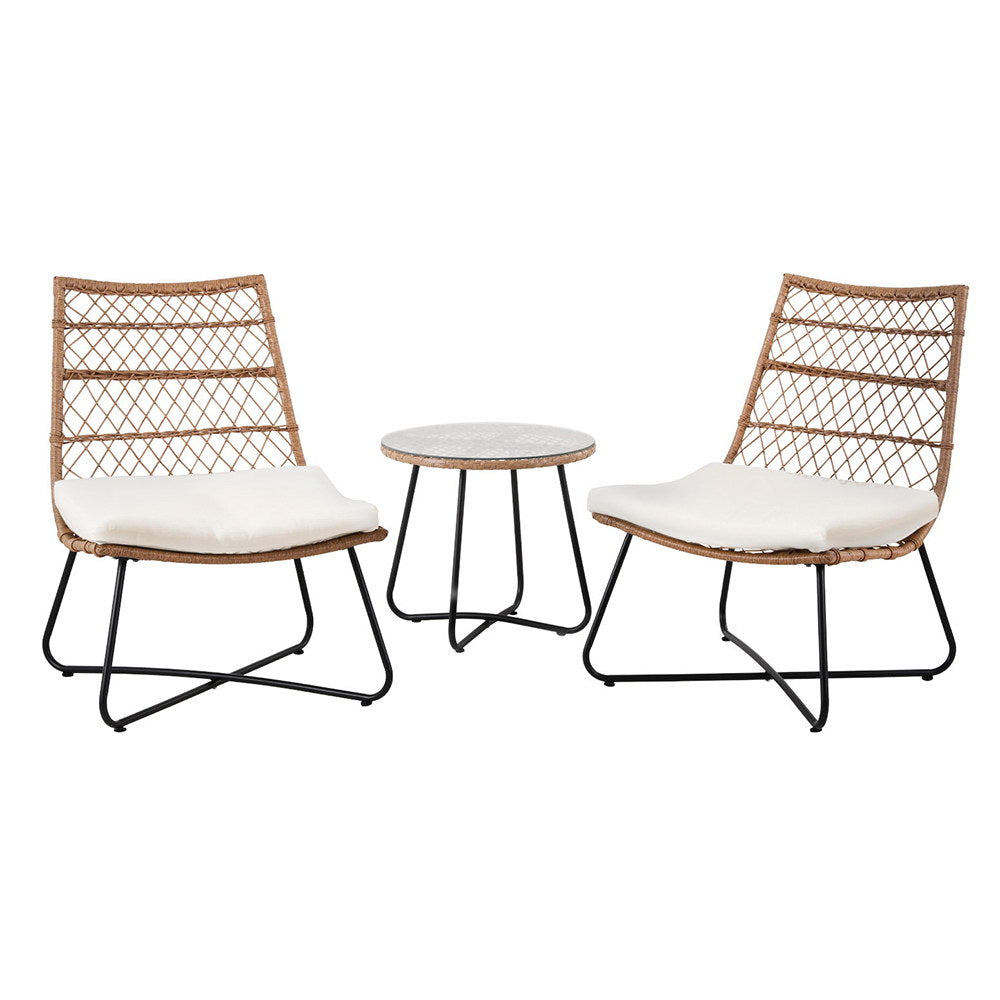 3-Piece Outdoor Wicker Bistro Set – Table & Chairs, Brown Rattan with metal legs and white seat cushions on white background