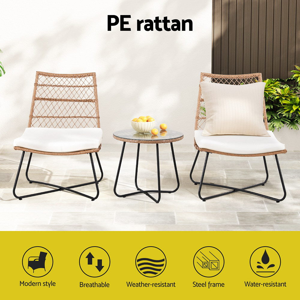 3-Piece Outdoor Wicker Bistro Set – Table & Chairs, Brown Rattan with cushions, metal legs, and breathable, weather-resistant design