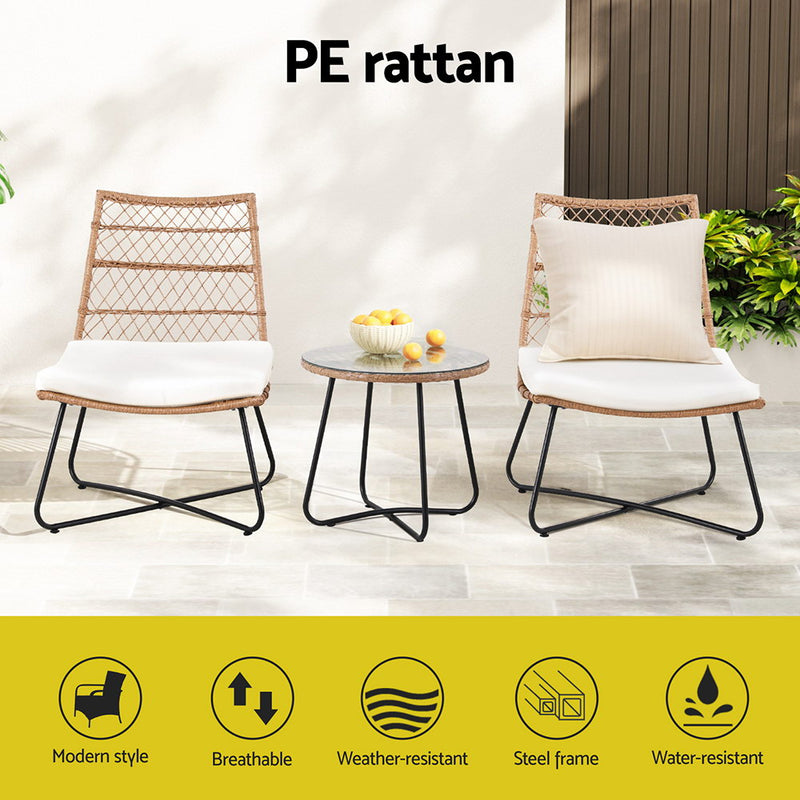 3-Piece Outdoor Wicker Bistro Set – Table & Chairs, Brown Rattan with cushions, metal legs, and breathable, weather-resistant design