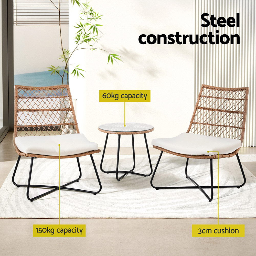 3-Piece Outdoor Wicker Bistro Set – Table & Chairs, Brown Rattan with steel construction and cushioned seats on black metal legs