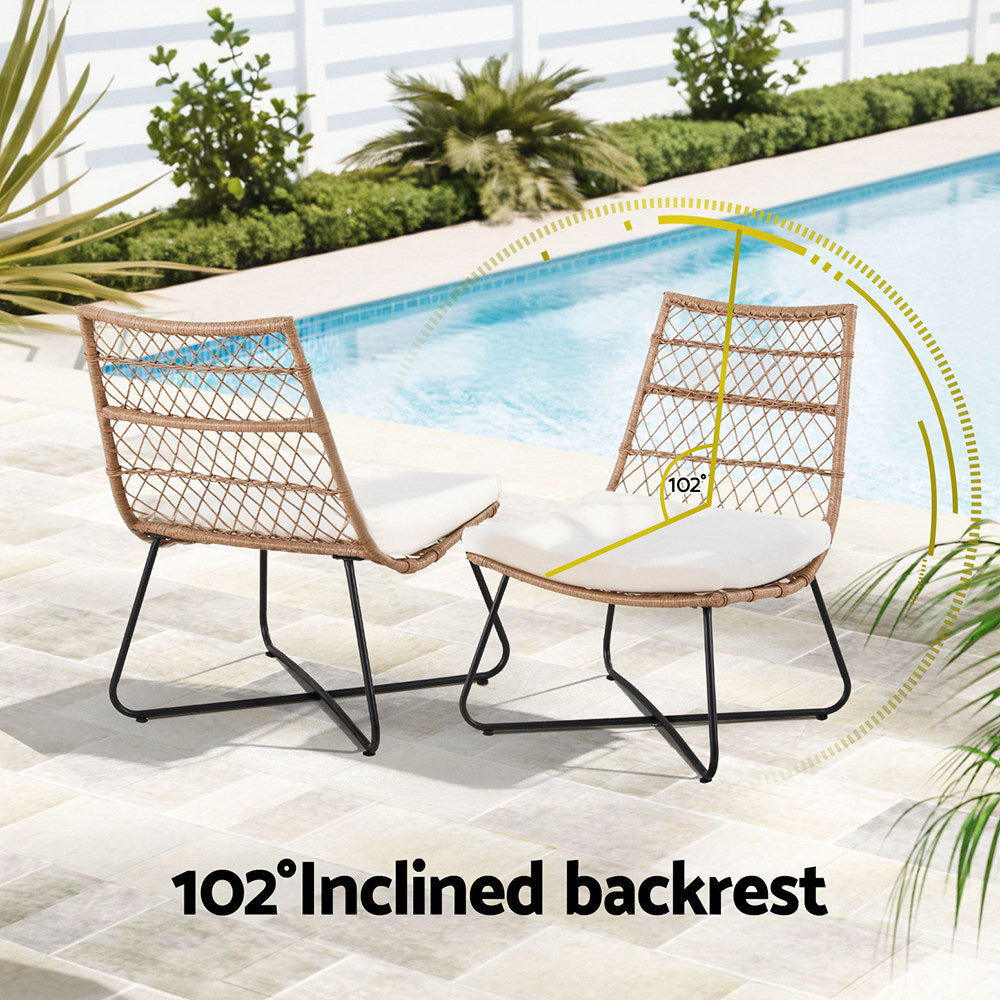 3-Piece Outdoor Wicker Bistro Set – Table & Chairs, Brown Rattan with inclined backrest by poolside on tiled patio