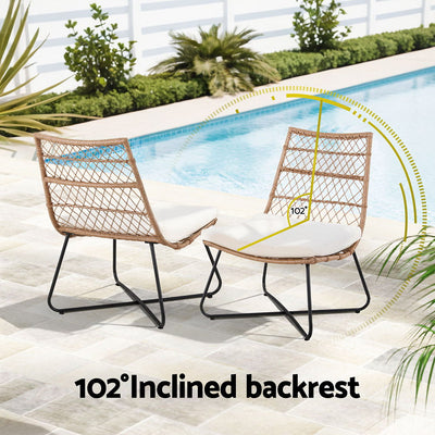 3-Piece Outdoor Wicker Bistro Set – Table & Chairs, Brown Rattan with inclined backrest by poolside on tiled patio