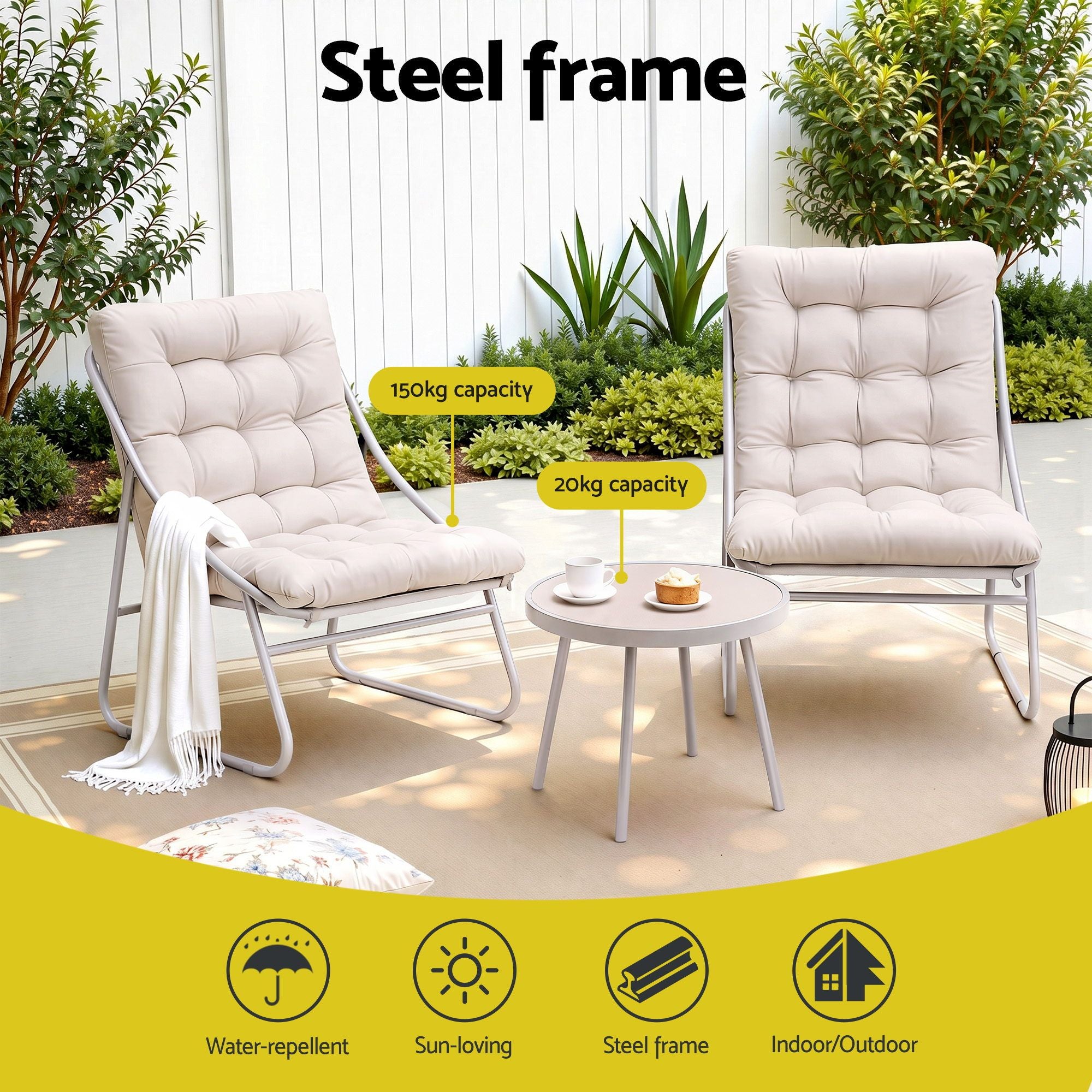 3PC Outdoor Steel Bistro Set with Table and Chairs - Khaki