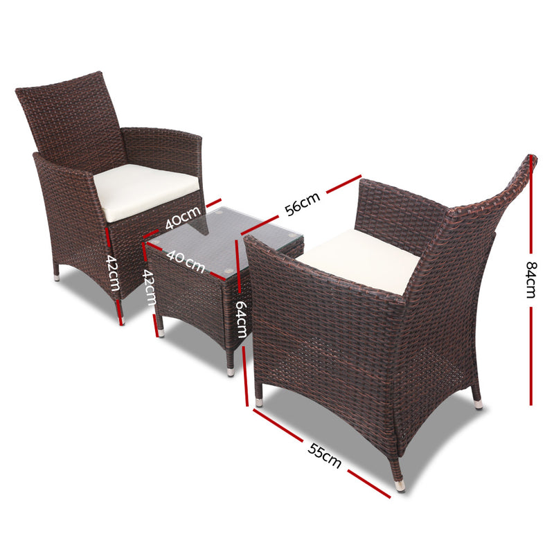 3PC Outdoor Bistro Set Patio Furniture Wicker Setting Chairs Table Cushion Brown-2