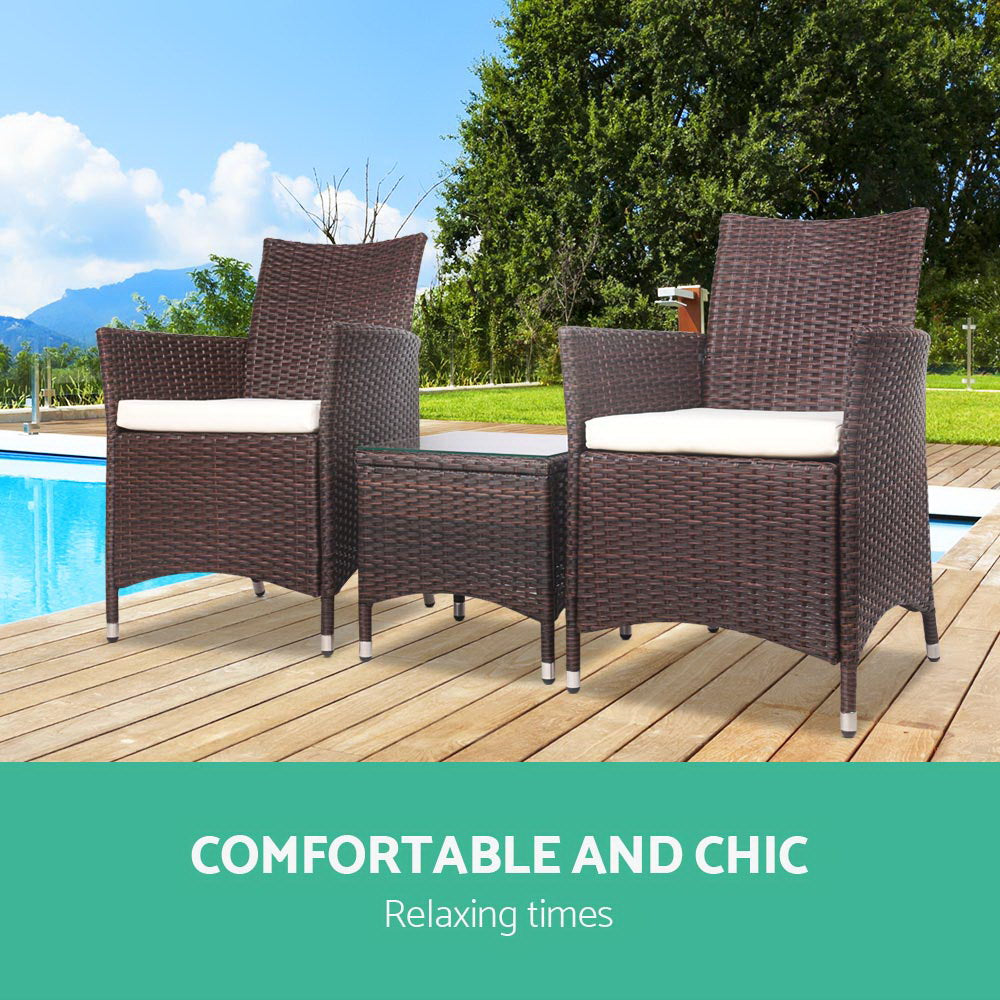 3PC Outdoor Bistro Set Patio Furniture Wicker Setting Chairs Table Cushion Brown