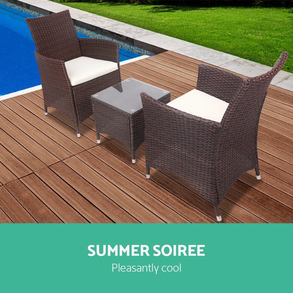 3PC Outdoor Bistro Set Patio Furniture Wicker Setting Chairs Table Cushion Brown