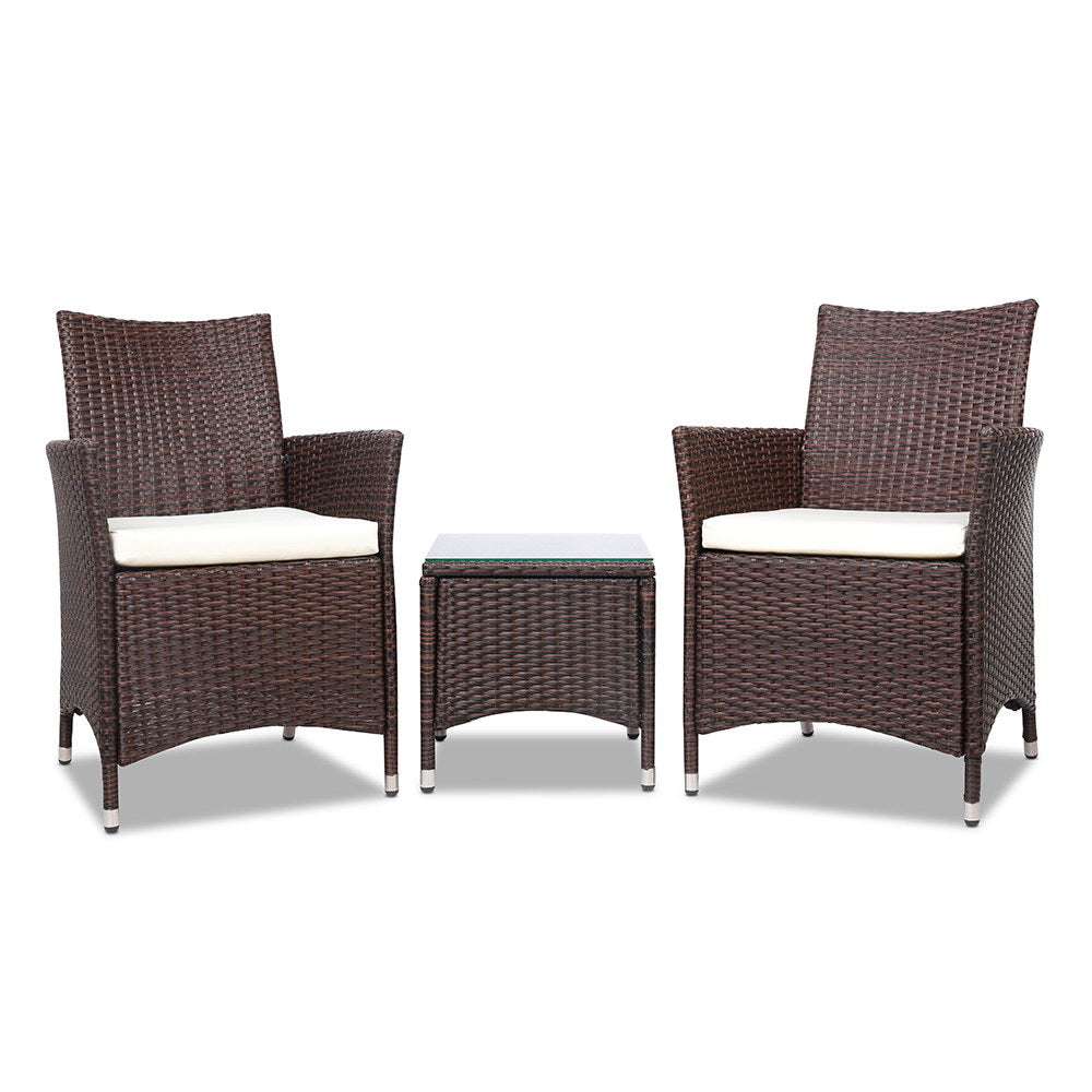 3PC Outdoor Bistro Set Patio Furniture Wicker Setting Chairs Table Cushion Brown