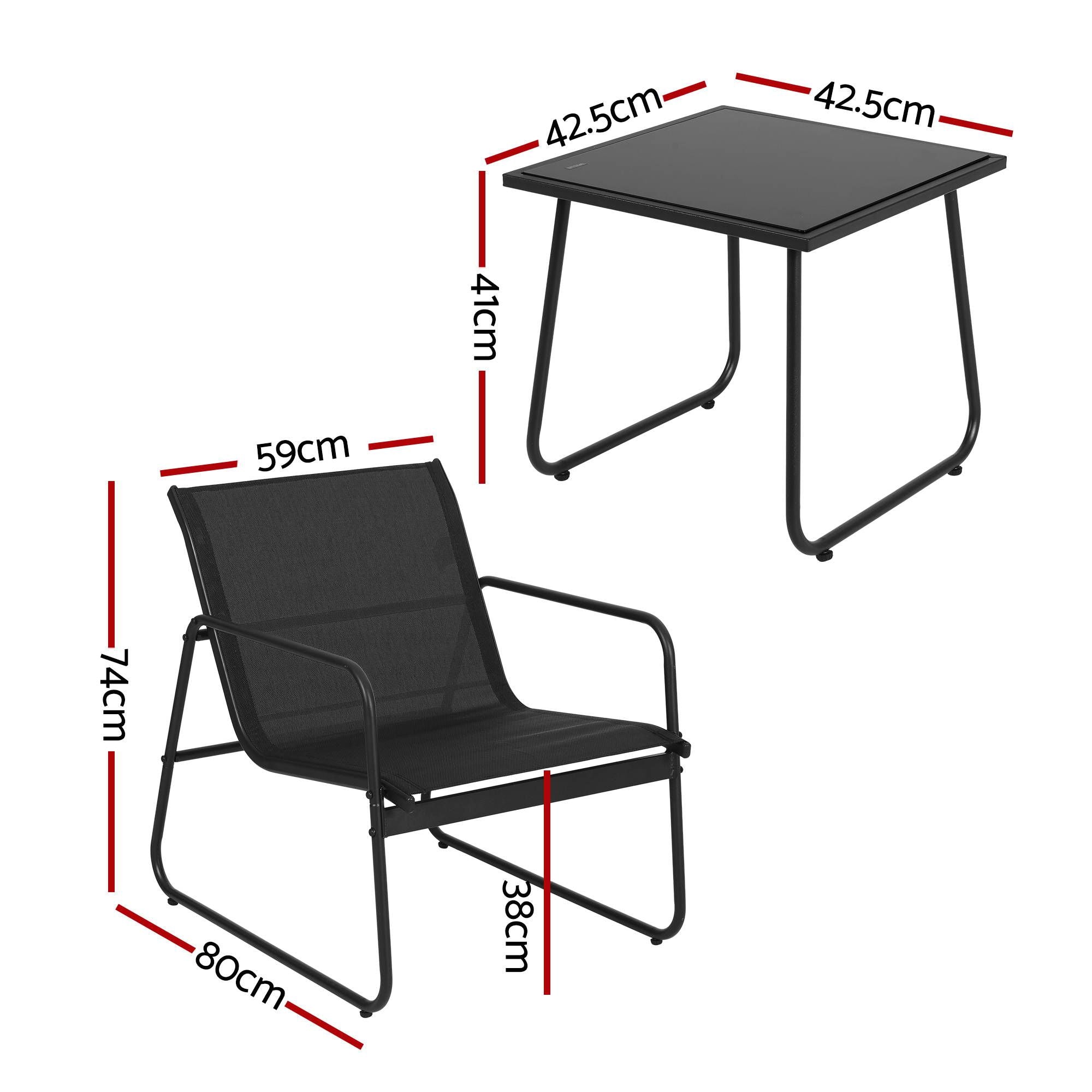 3 Piece Outdoor Bistro Set with Textilene Chairs and Glass Table - Black