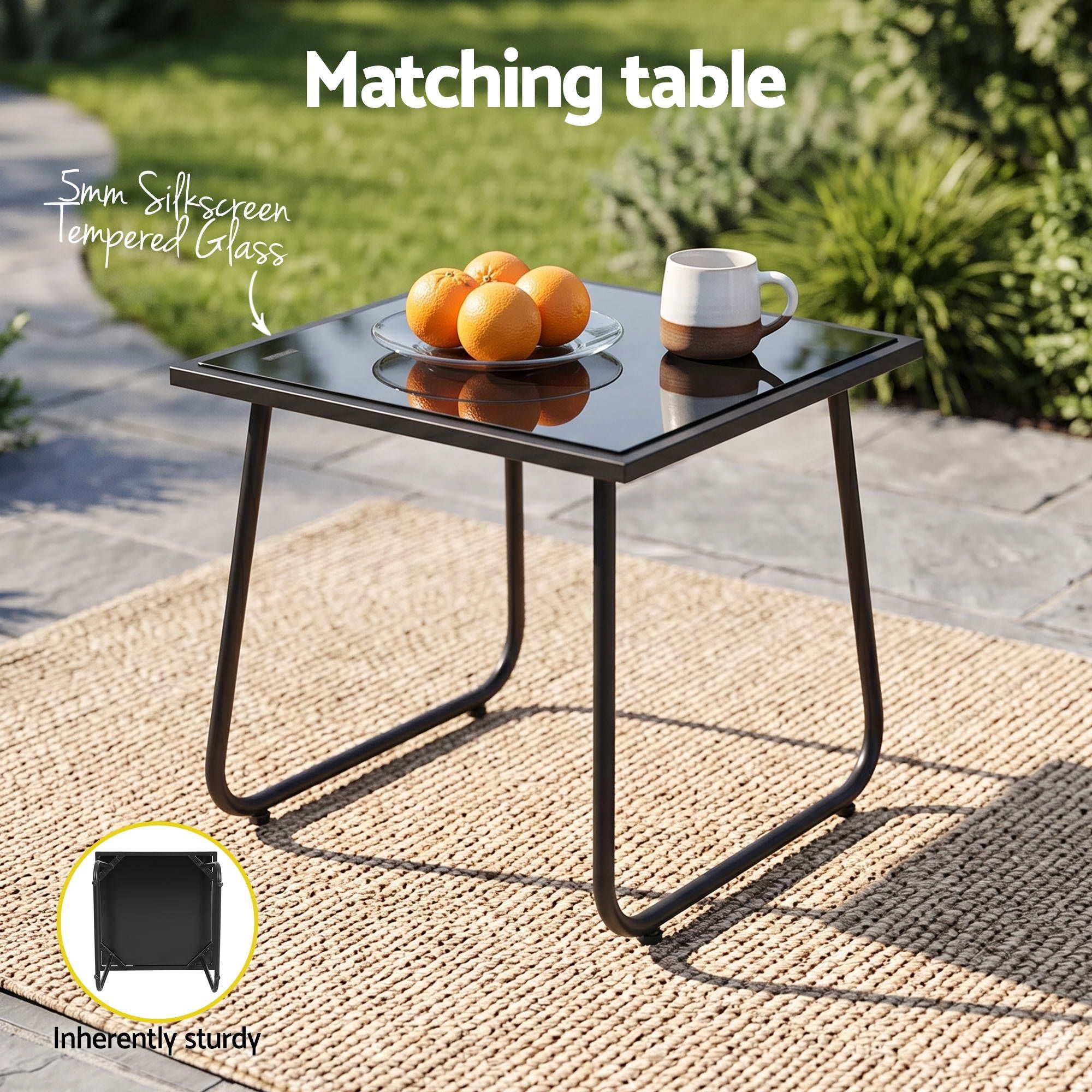 3 Piece Outdoor Bistro Set with Textilene Chairs and Glass Table - Black