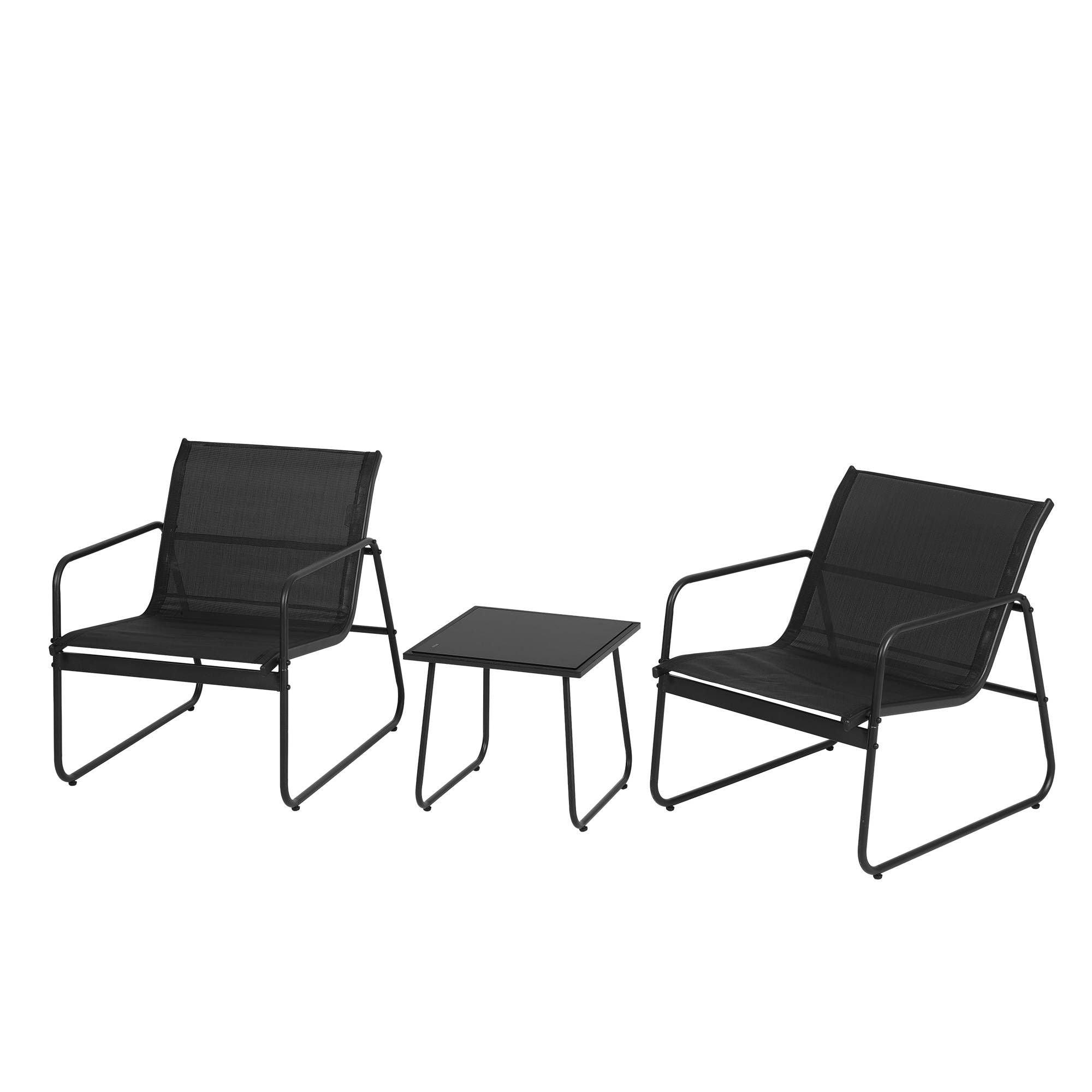 3 Piece Outdoor Bistro Set with Textilene Chairs and Glass Table - Black