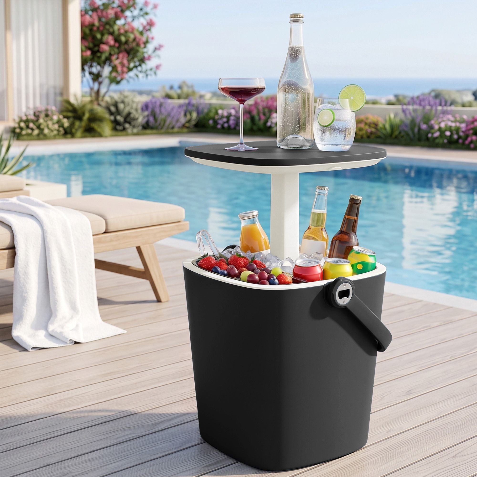2-in-1 Portable Outdoor Bar Table with 15L Wine Cooler and Ice Bucket - Black