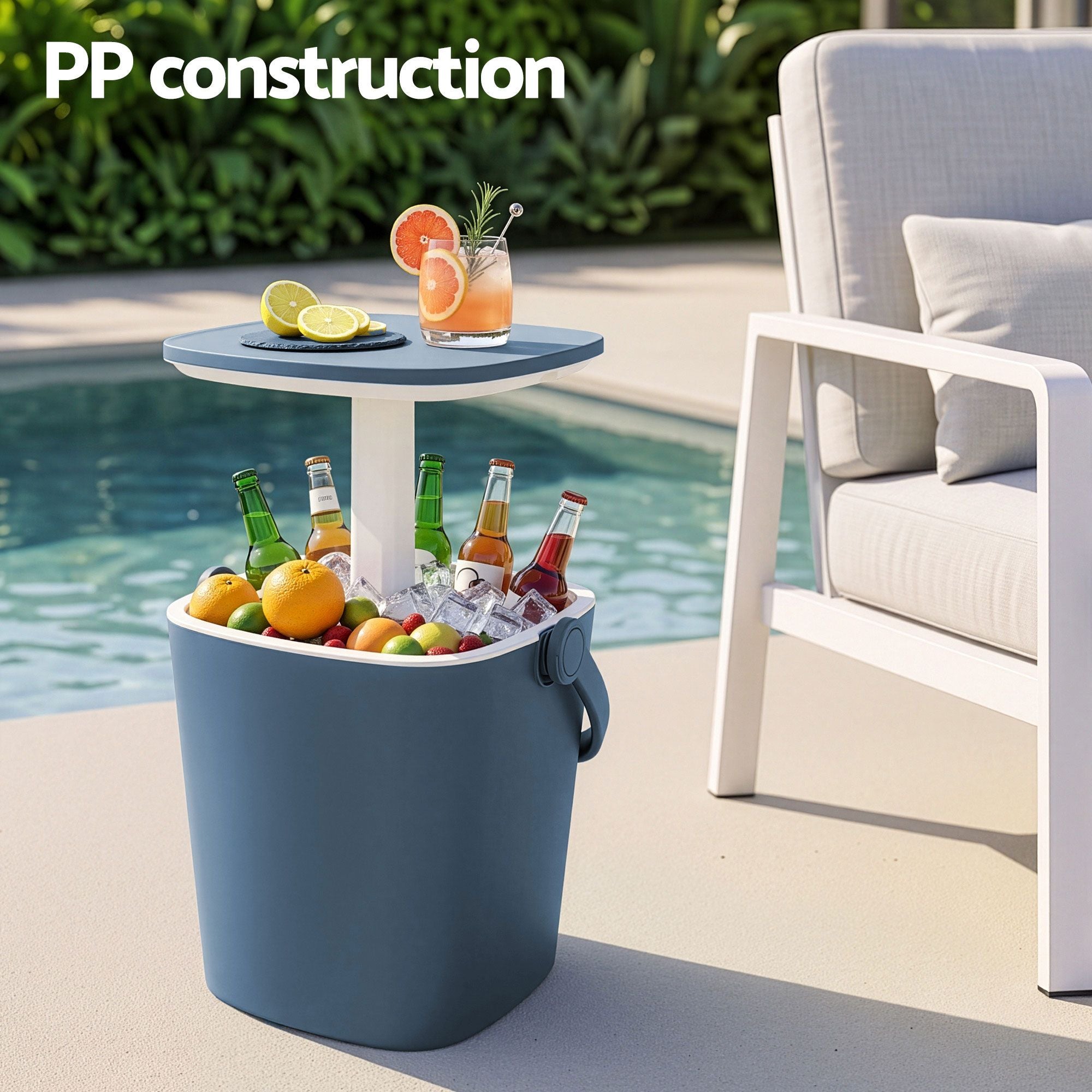 2-in-1 Portable Outdoor Bar Table with 15L Ice Bucket Cooler and Tongs - Blue